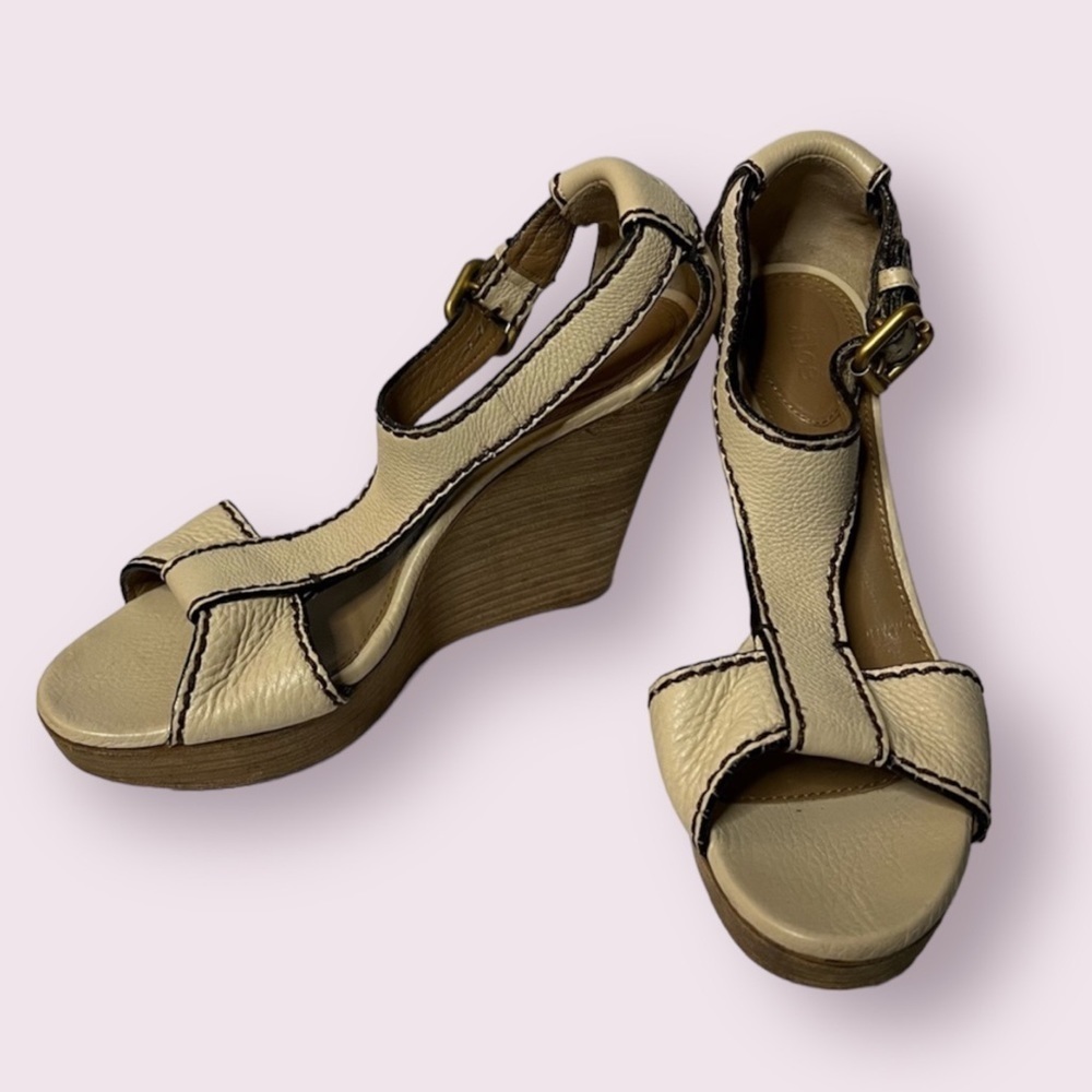 Chloe Cream Leather Wedge Sandals with Brown Wood-Look Platform